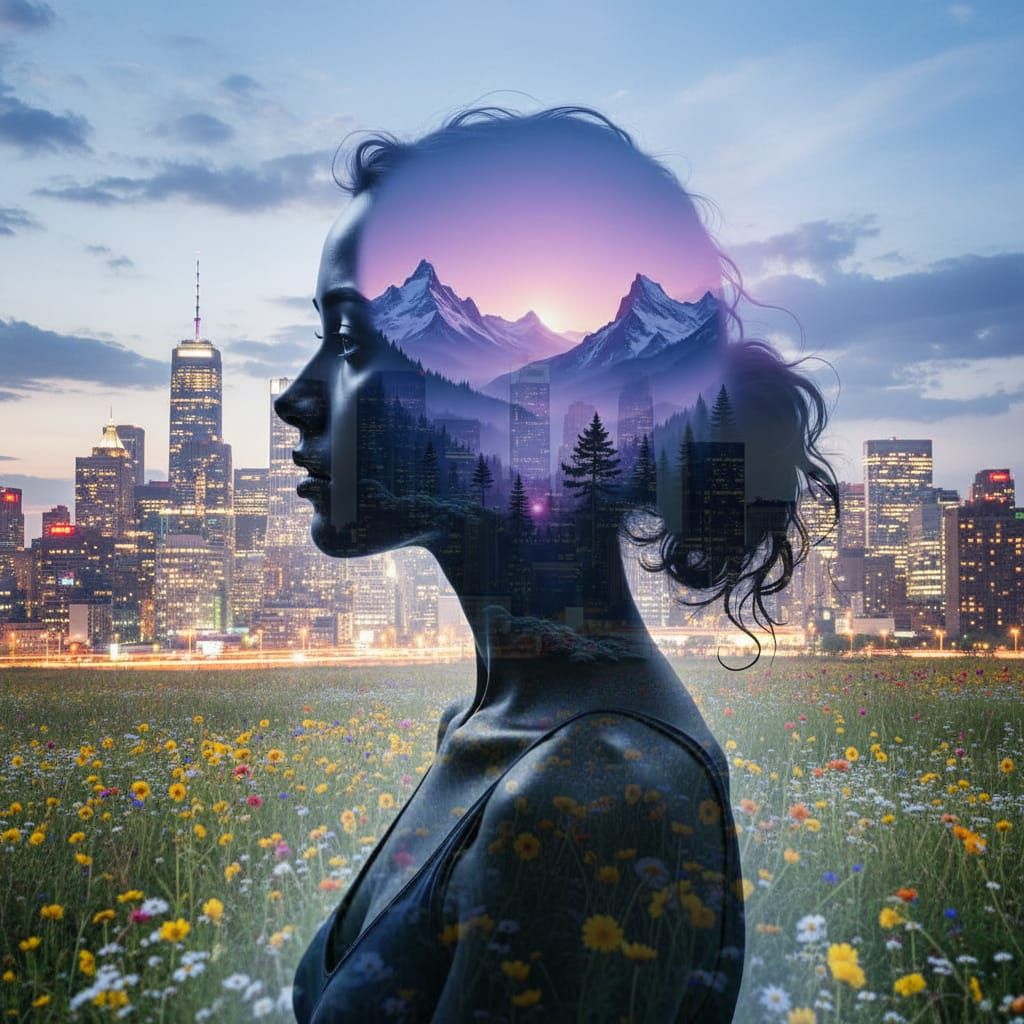 Woman's Profile With Mountain Landscape Double Exposure