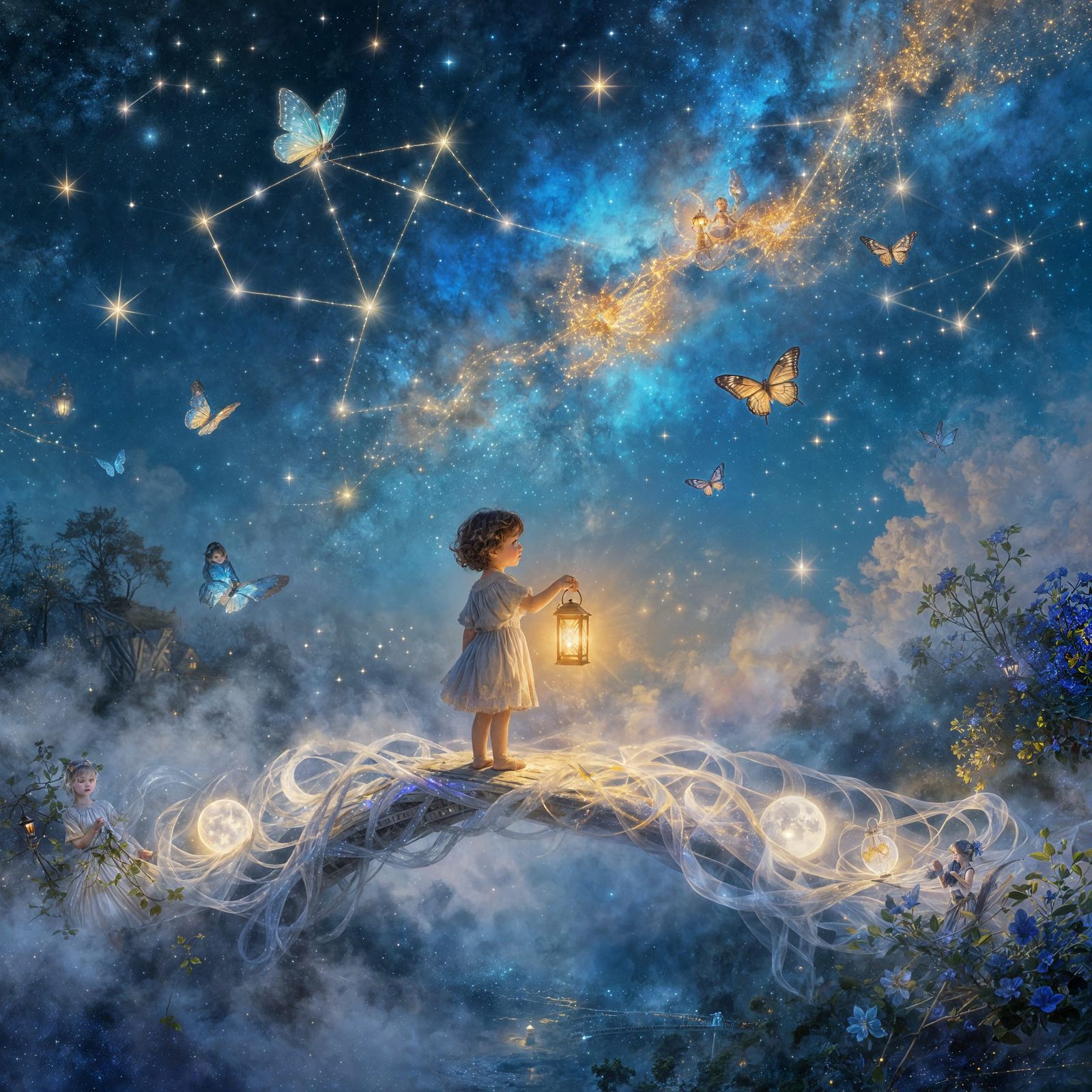 Child on Moonlight Bridge with Luminous Butterflies