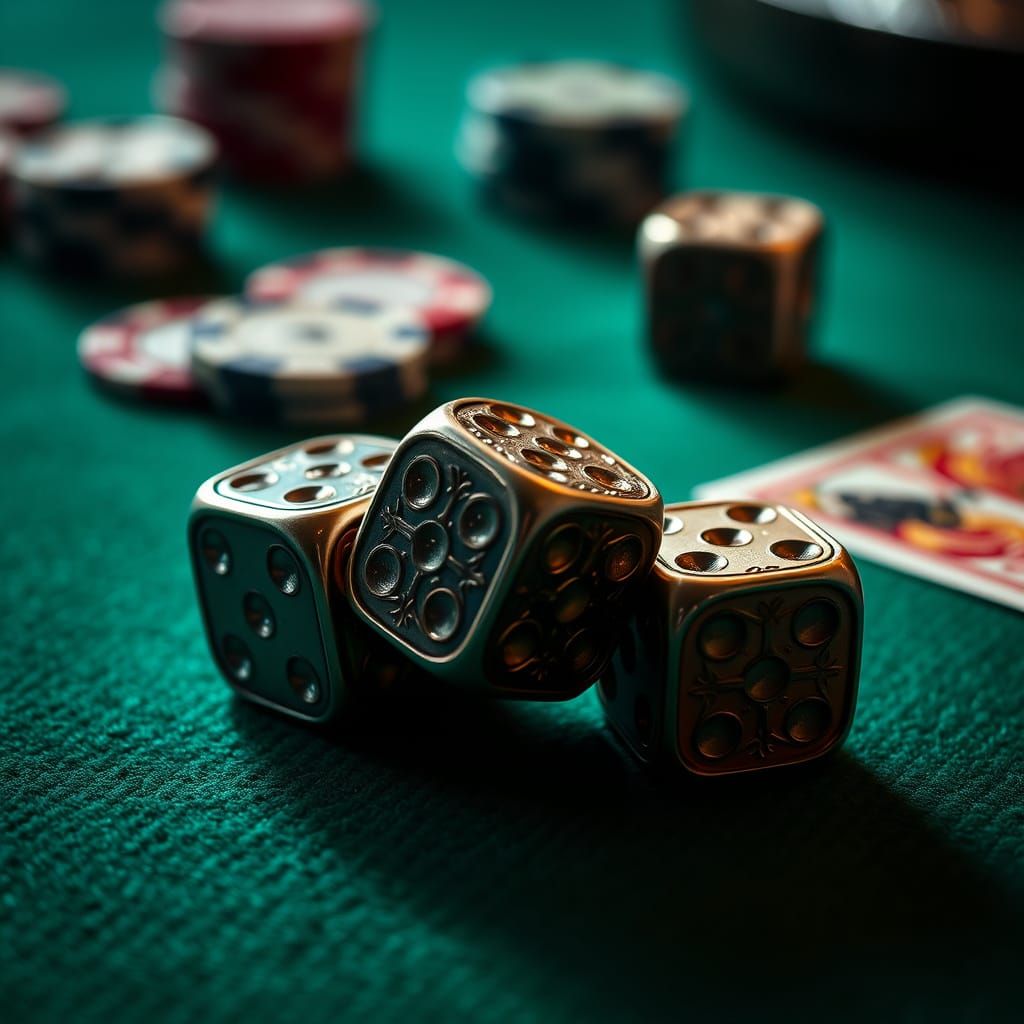 Surreal Close-up of Ornate Roulette Dice on Emerald-Green Ga...