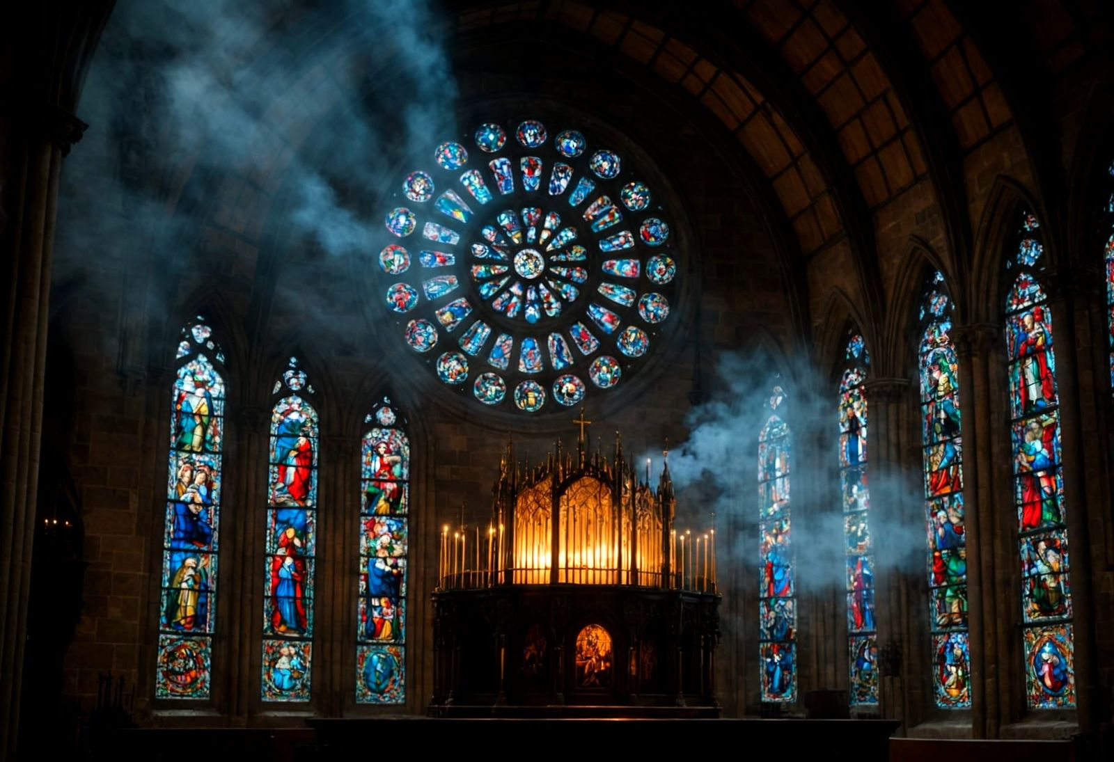 Stained Glass Window Shines Through Incense Smoke in Dark Ch...