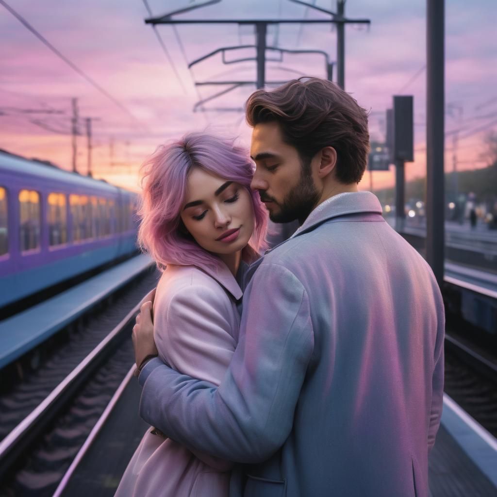 Couple's Embrace at Dusk in Ethereal Pastel Art