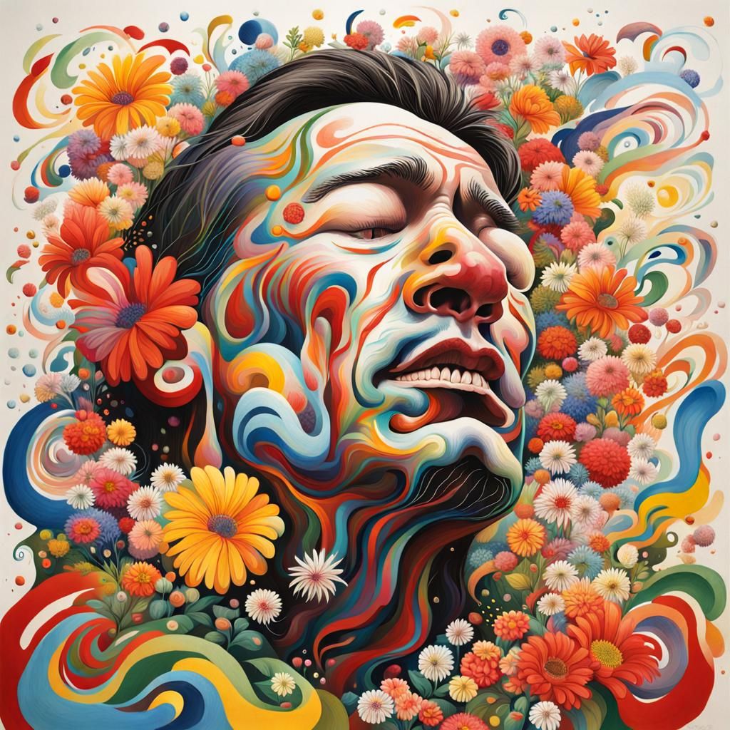 Man Sneezing Amidst Swirling Flowers: Indigenous Art