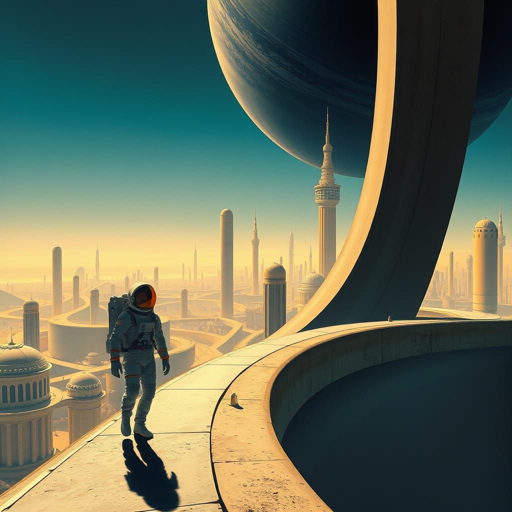 Astronaut in Dreamlike City with Ribbons of Light