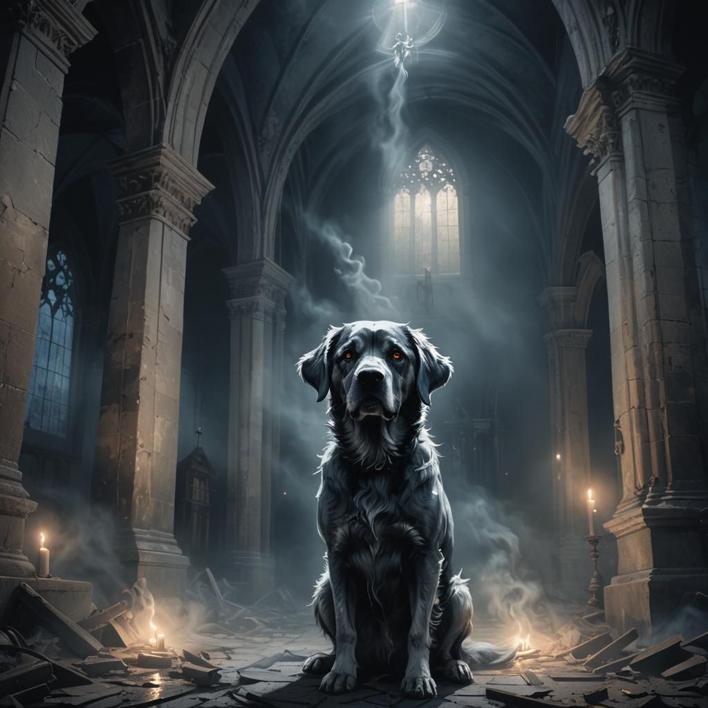 Ghostly Dog in Abandoned Church: Dark Fantasy Art