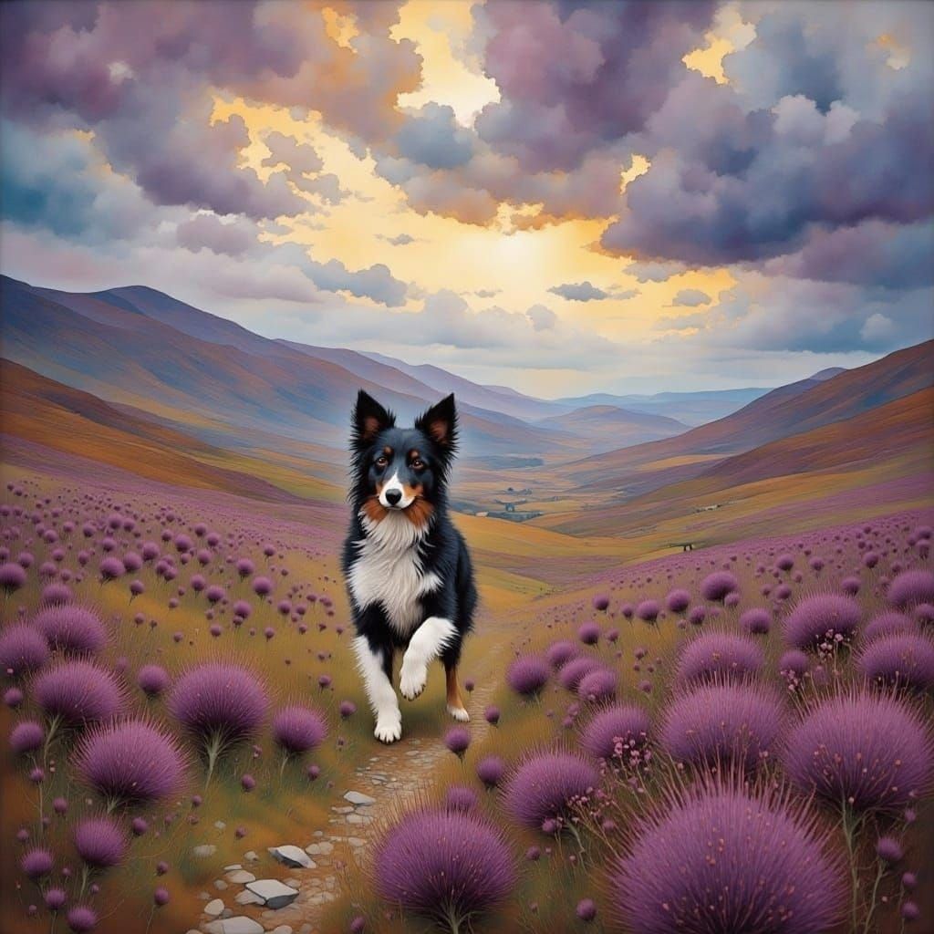 A border collie runs through a field of heather and thistles...