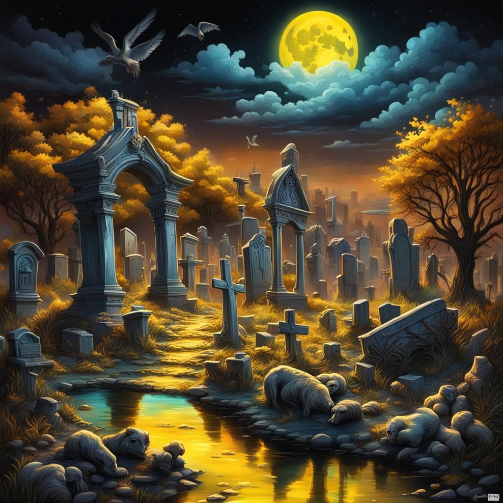 Fantasy Graveyard in Neo-Impressionistic Style