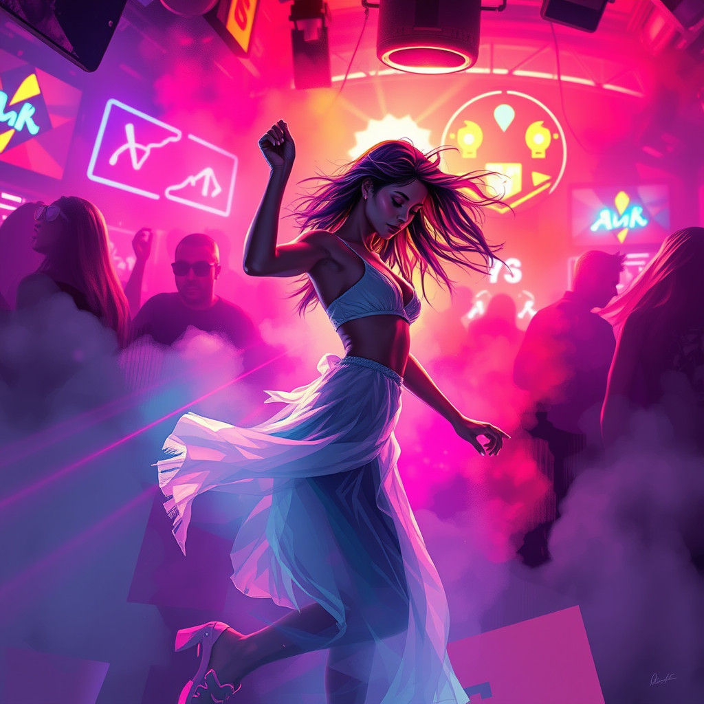 Woman Dancing in Neon Nightclub, Digital Art Fusion