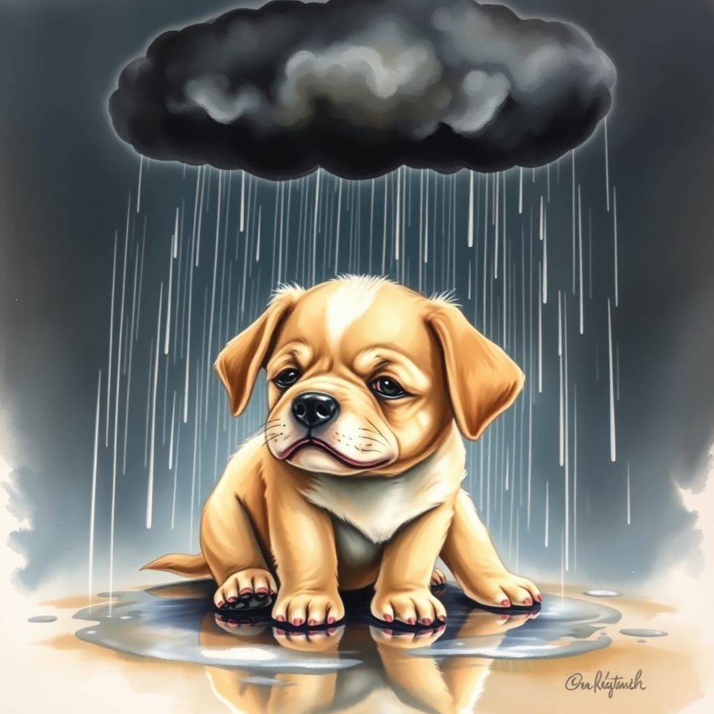 Sad Puppy in Rain: Watercolor Photorealistic Painting