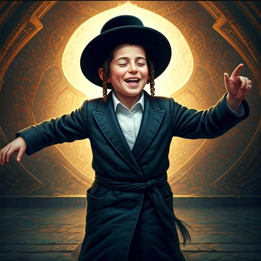 Hasidic Jewish Boy Dances in Dreamlike World with Vibrant Co...