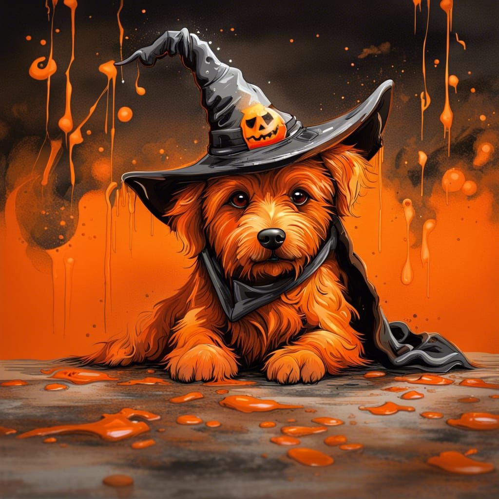 Halloween Dog with Witch Hat in Graffiti Art Style