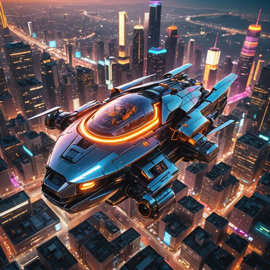 Futuristic Flying Machine Over Neon Cityscape