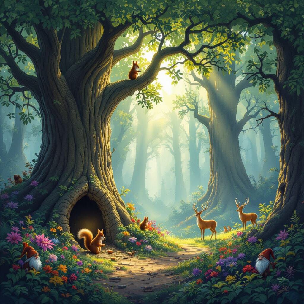 Enchanting Forest Scene with Ancient Trees and Glowing Light