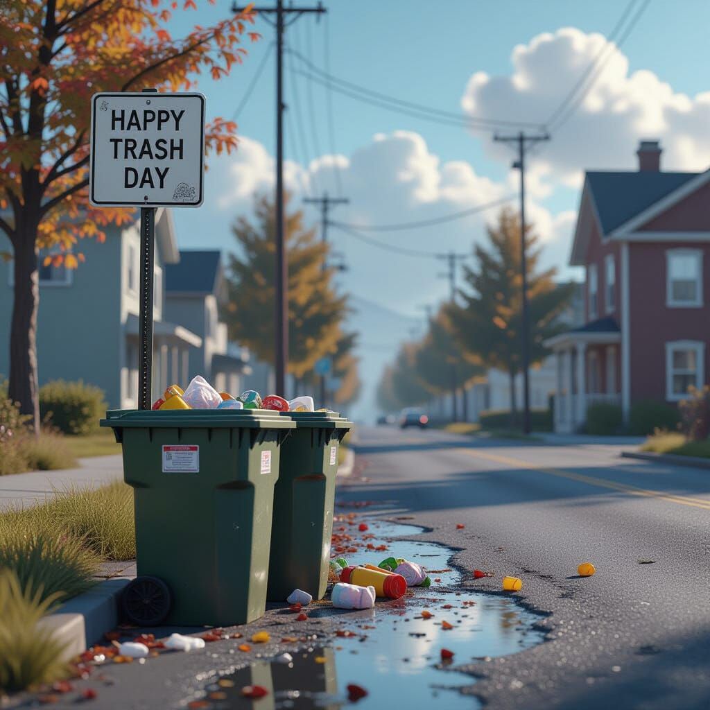 Happy Trash Day Sign and Garbage Cans