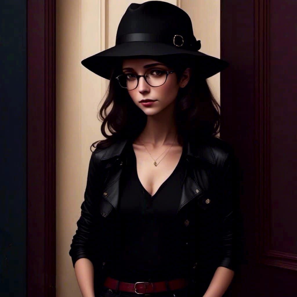 Andie Banks Smiling in Doorway with Fedora and Glasses