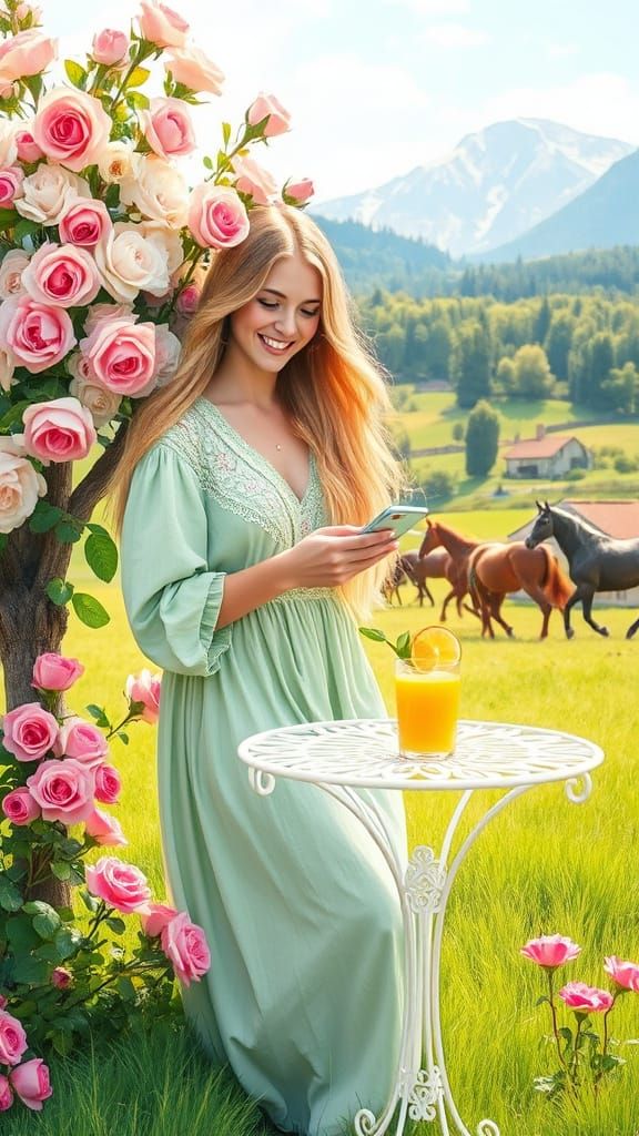 Dreamy Lady in Green Meadow with Roses and Horses