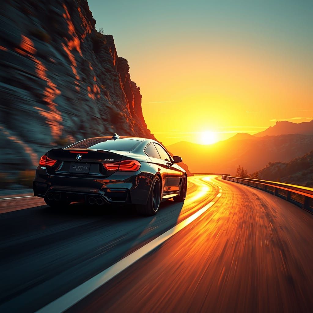 Sleek BMW M4 Coupe Speeds Down Mountain Road at Sunset