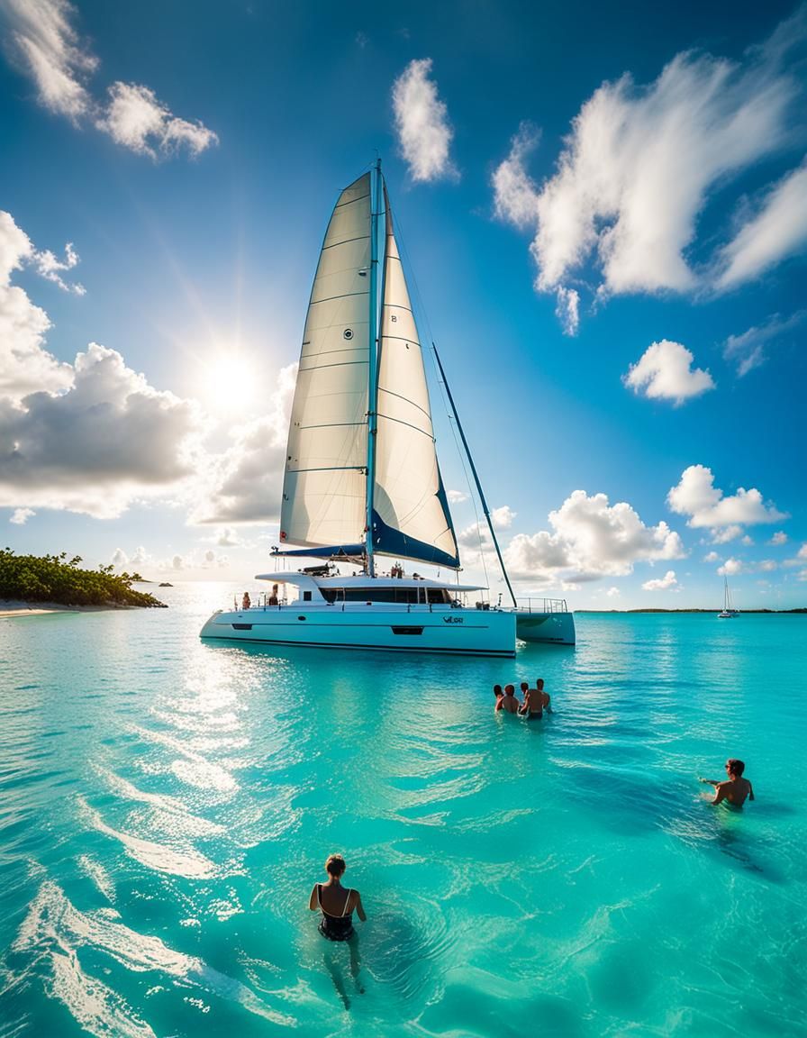 Bahamas Exumas Catamaran Scene with Whale Skeleton