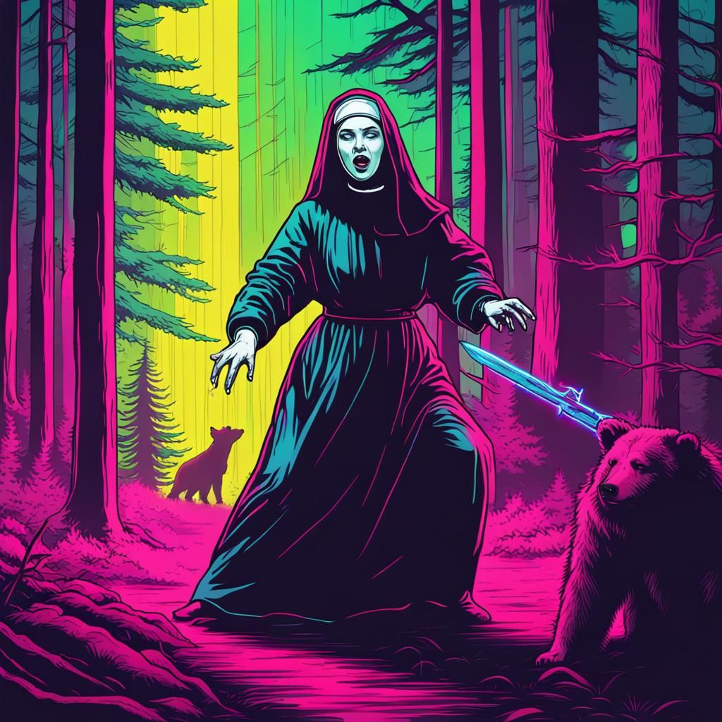 Nun Attacked by Bear in Synthwave Neon Style