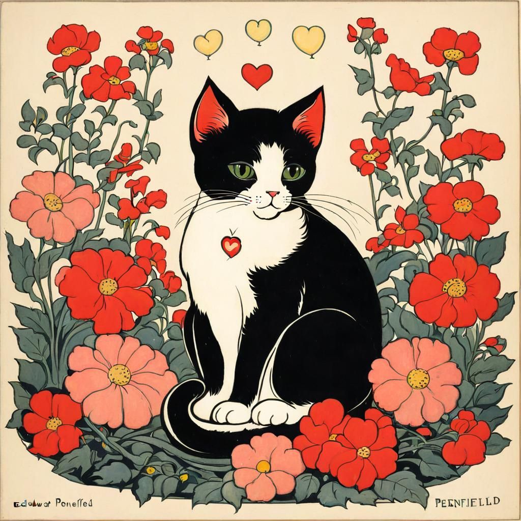 Cute Cat Surrounded by Flowers in Vintage Poster Art