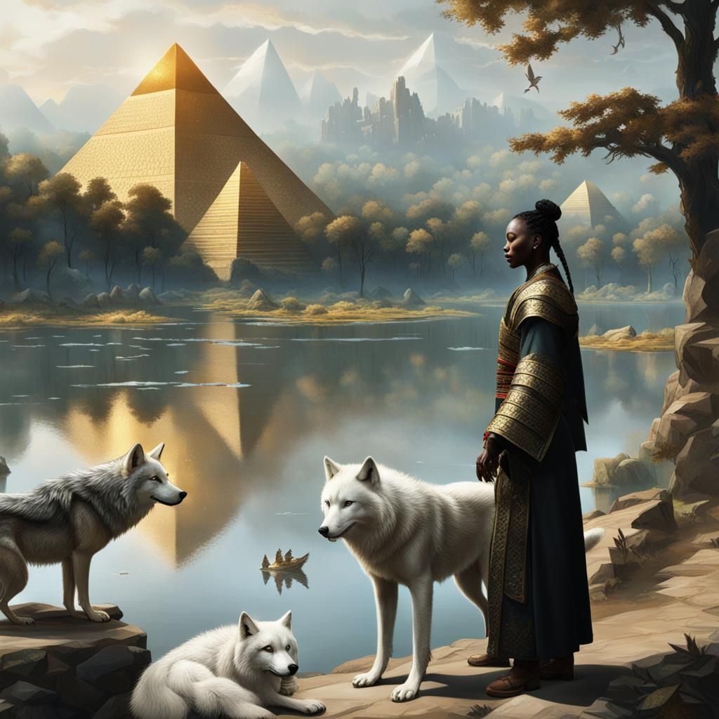 Wolves by a Lake with Pyramids and Dragons