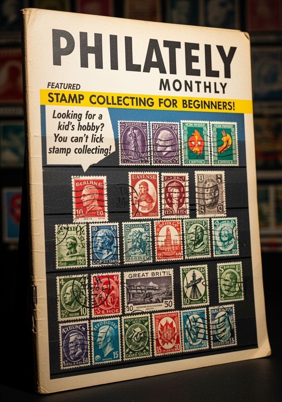Retro 1960s Philately Magazine Cover with Stamp Collage
