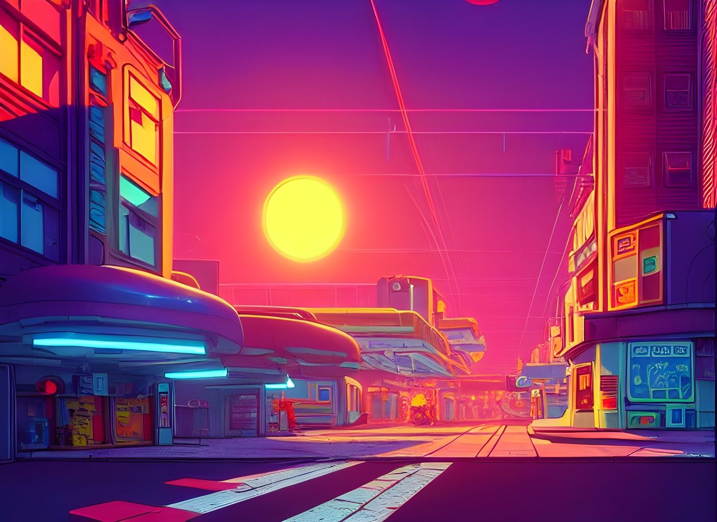 Vibrant Retro City Street in Anime Style