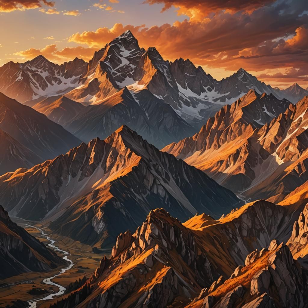 Orange Sunset Over Mountains: Panoramic Oil Painting