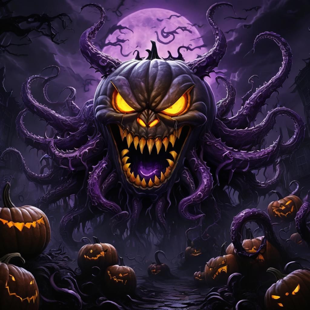 Menacing Pumpkin Creature Surrounded by Tentacles