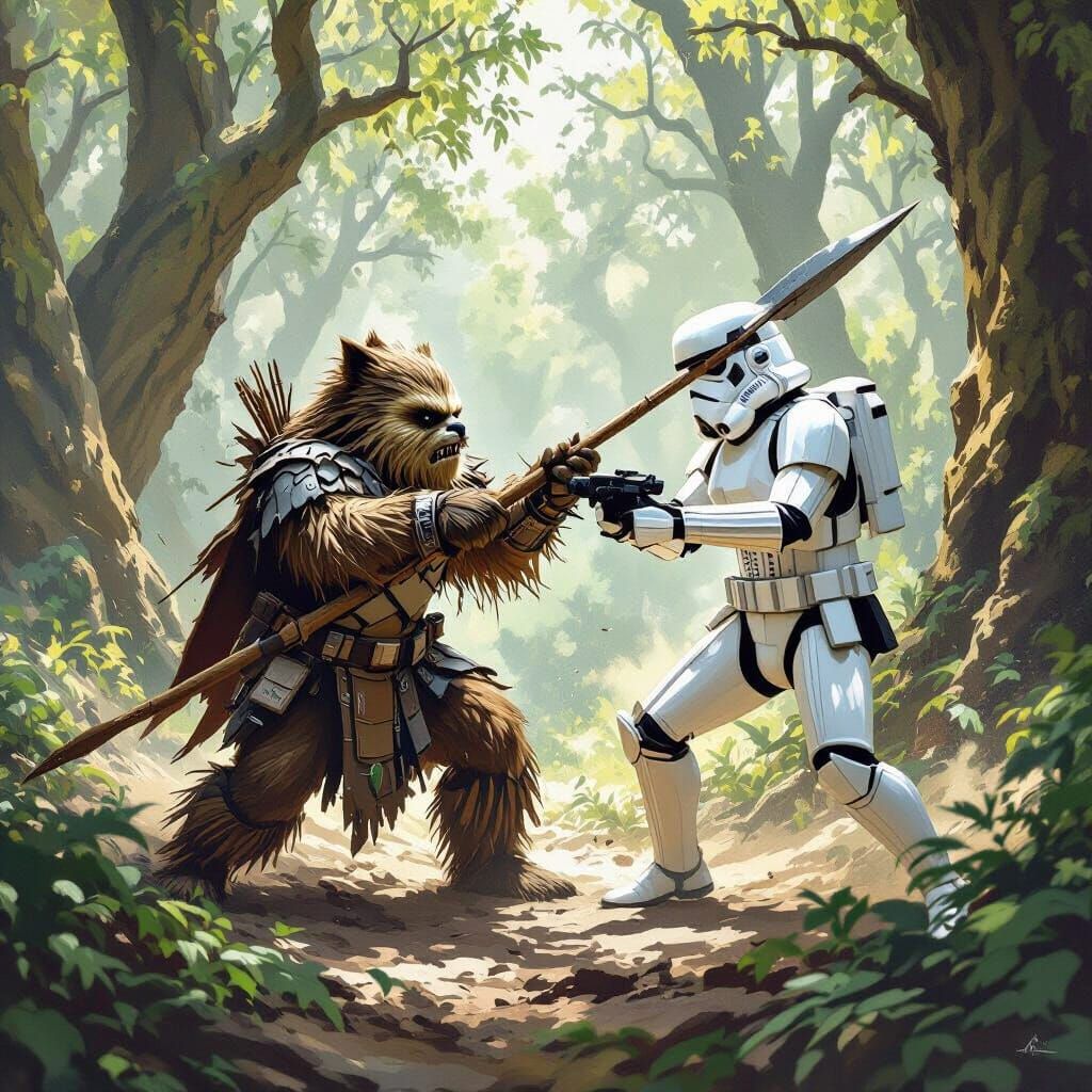 Ewok Warrior Battles Stormtrooper on Endor in Concept Art St...