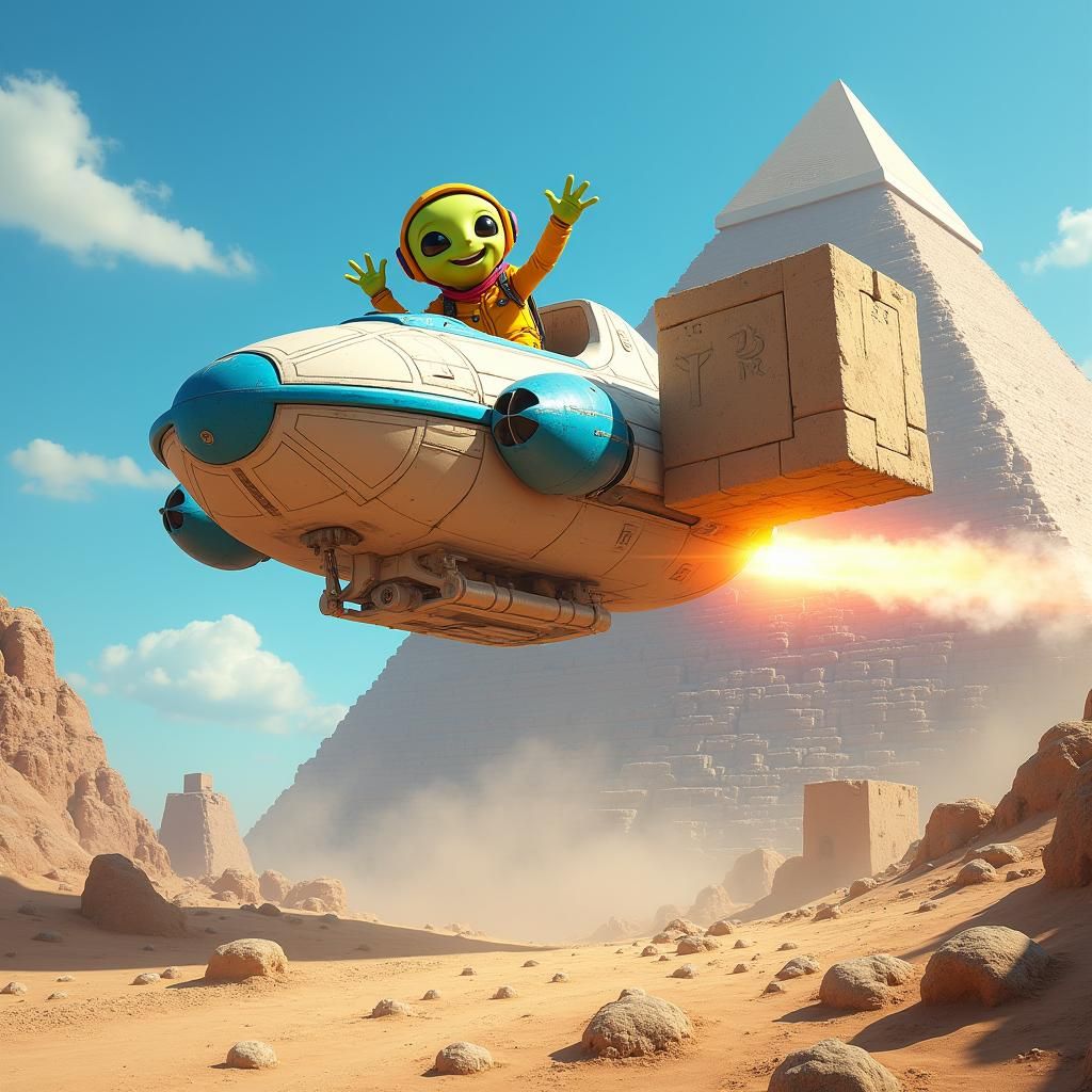 Alien Abduction: Pyramid Stone Lifted in Fantasy Art
