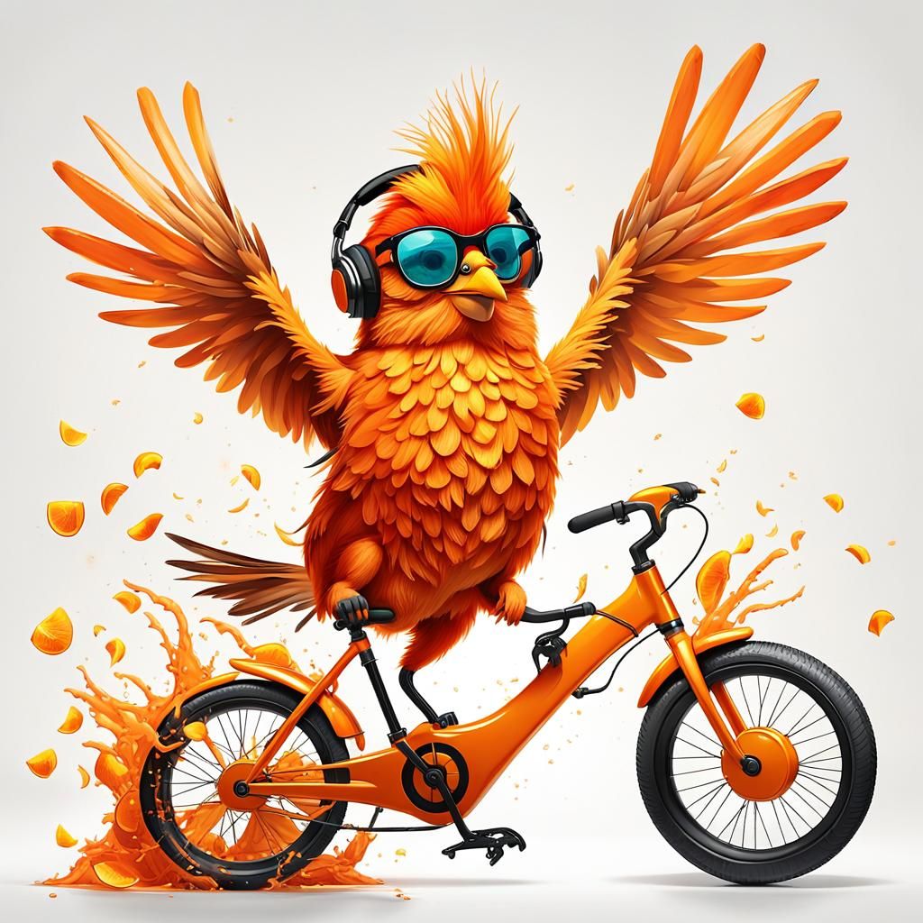 Cheerful Orange Bird on Bike in Pop Art Style