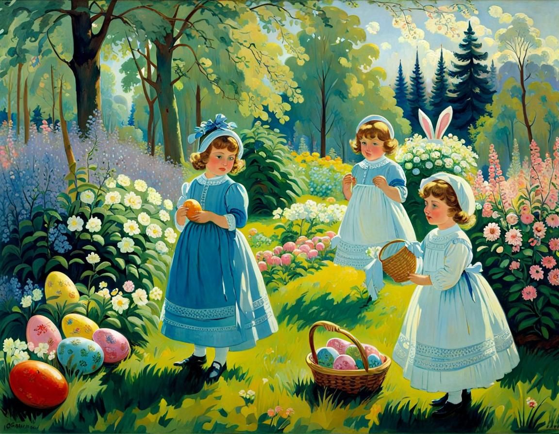 Children's Easter Egg Hunt, Matte Oil Painting
