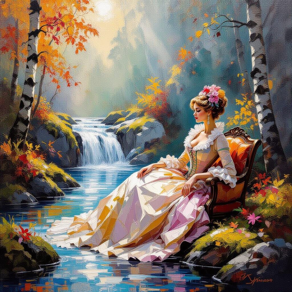 18th Century Fashionista at Misty Autumn Waterfall
