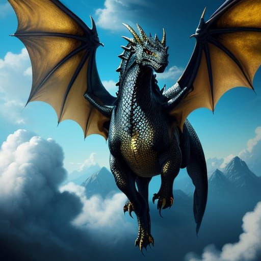 Girl Riding a Black Dragon in Golden Light