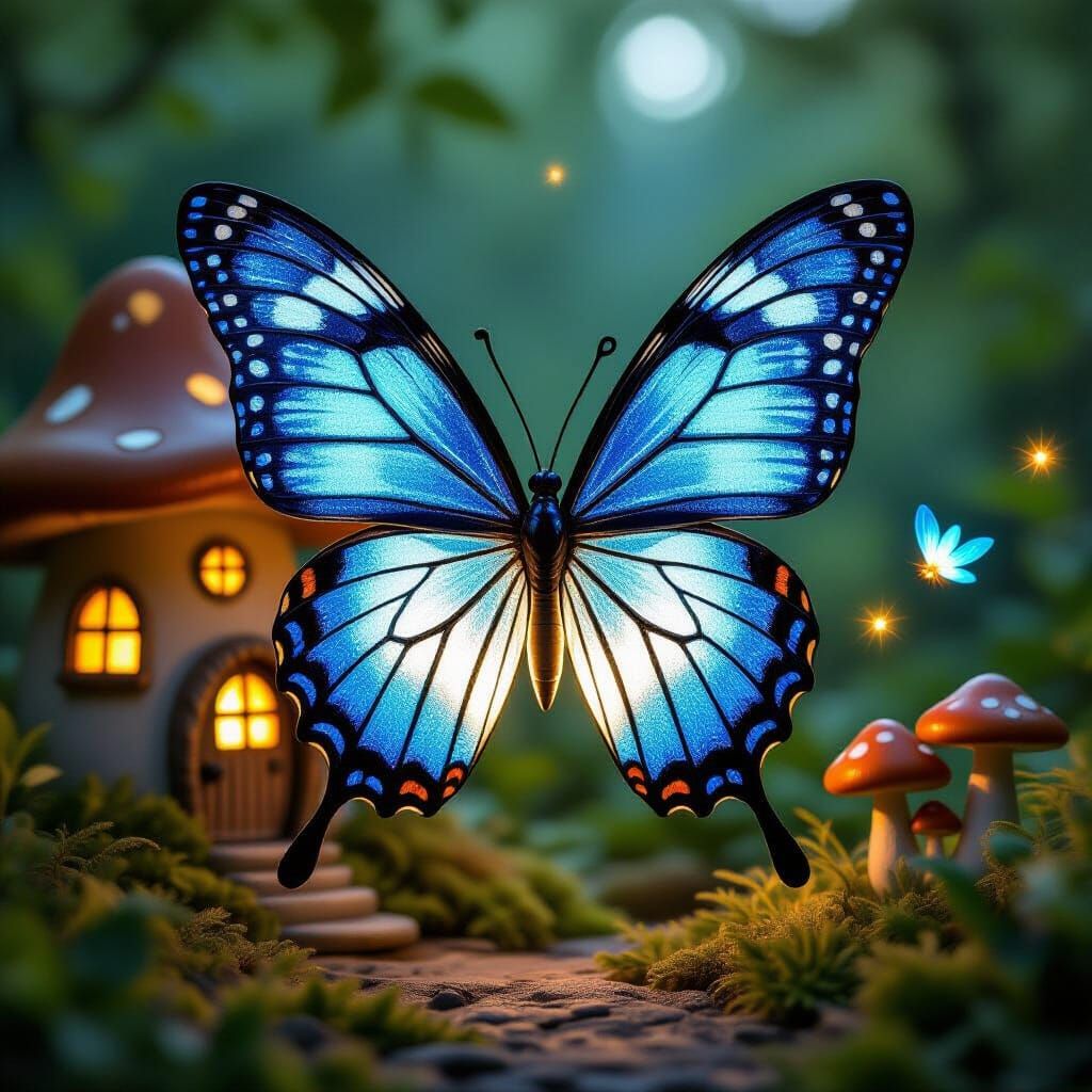 Enchanting Butterfly Lantern Scene in Moonlight
