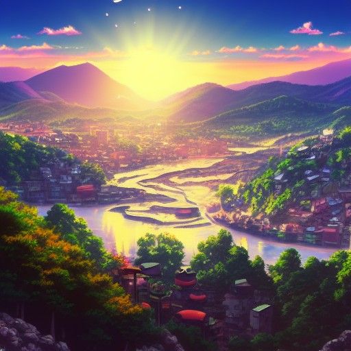 Sunrise Over Mountain City in Anime Style