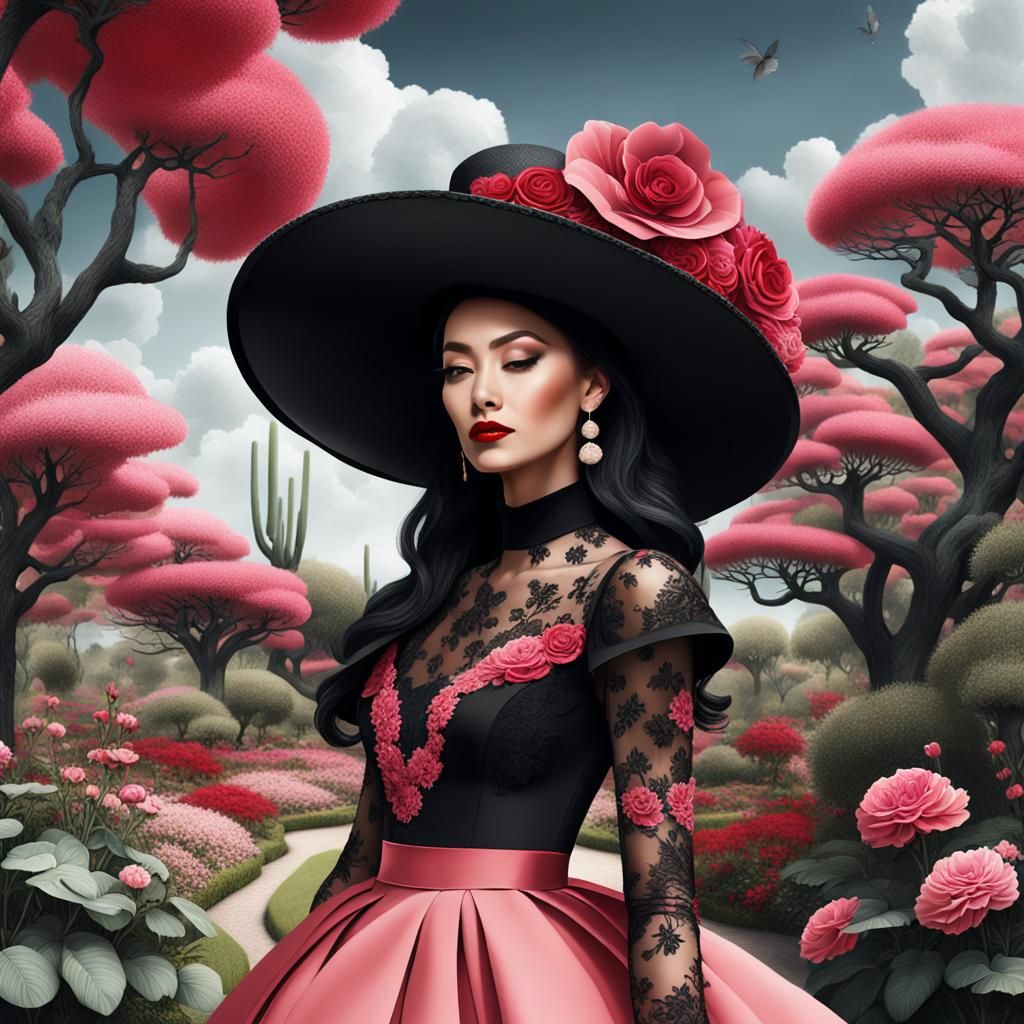 Elegant Lady with Pink Flower in Digital Art Style