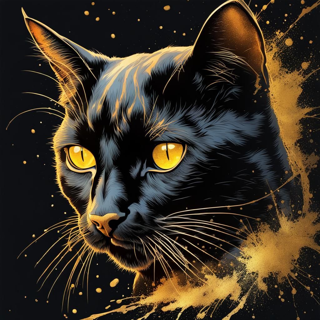 Hyperrealistic Black Cat with Gold Ink Splatter