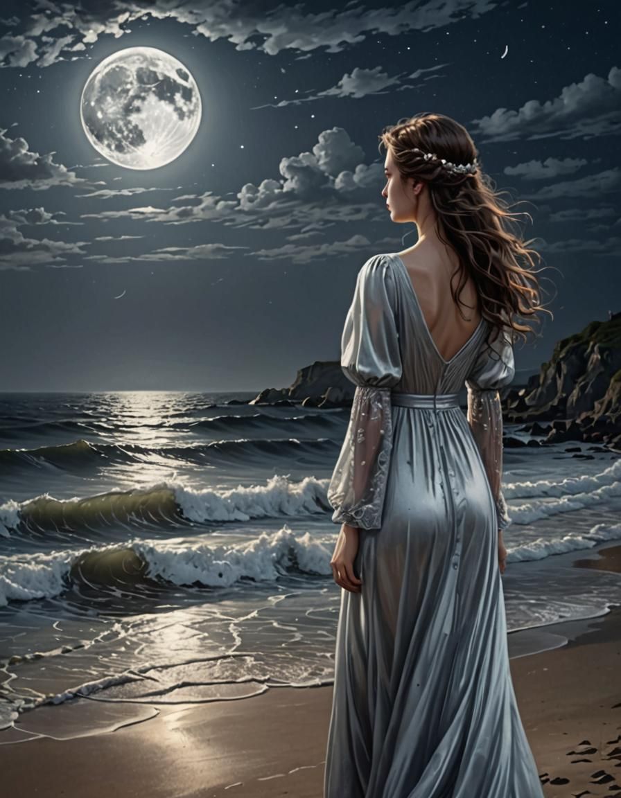 Girl in Silver Dress at Seaside Under Moonlight