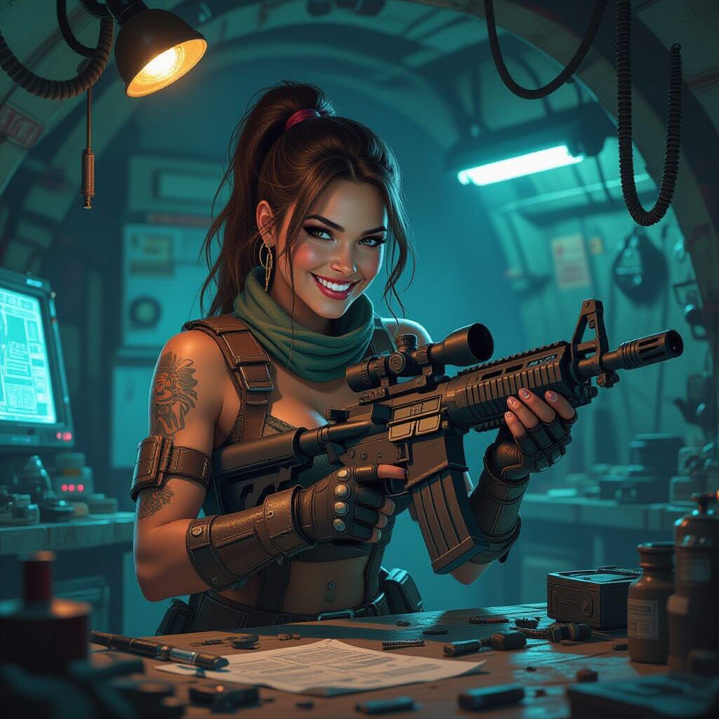 Vault Dweller Tinkers with Laser Rifle