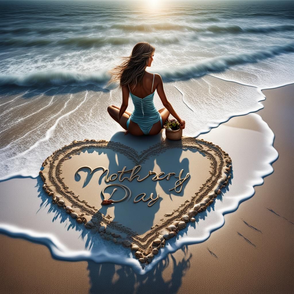 Mother's Day Beach Scene with Girl and Heart