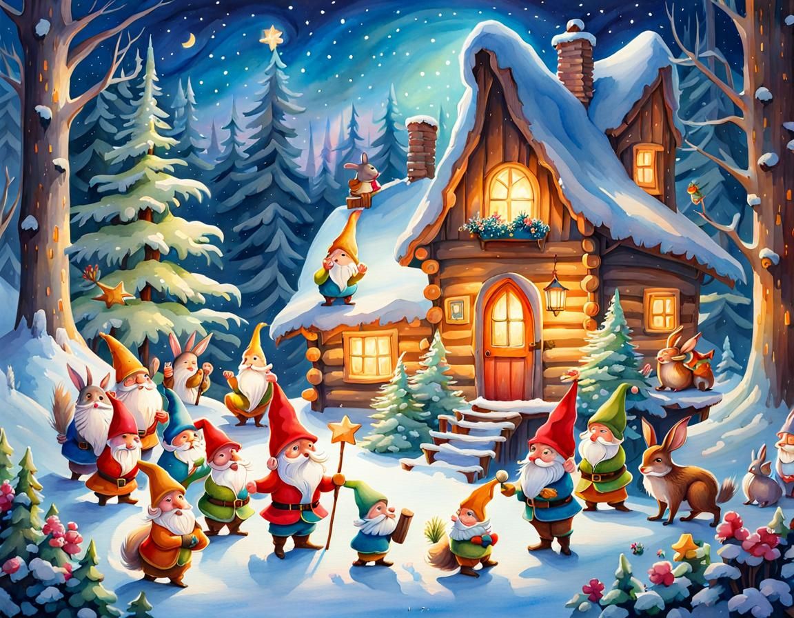 Gnomes and Fairies Sing in Winter Forest Watercolor