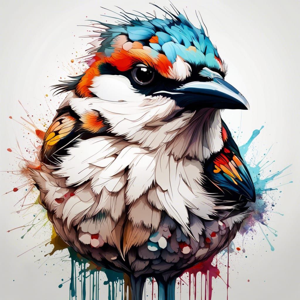 Colorful Bird Inkblot Drawing in Hyperrealistic Cartoon Styl...