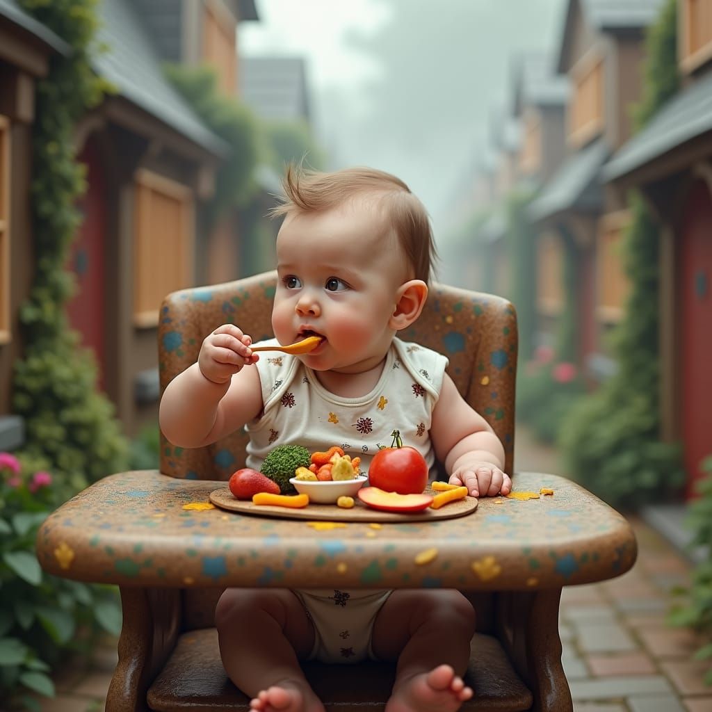 Baby Eating in Mystical Neighborhood, Hyperrealistic Style