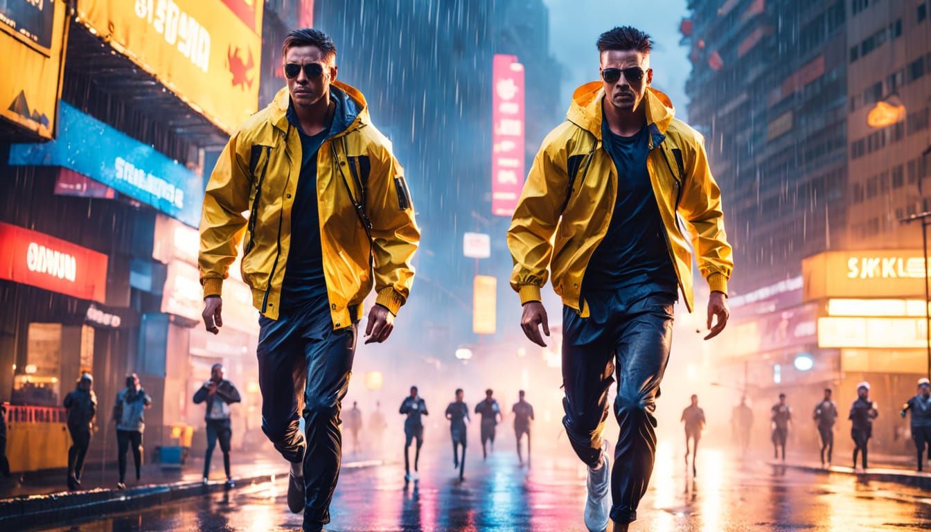 Man Running Through Rain in a High-Energy Concept Art Style