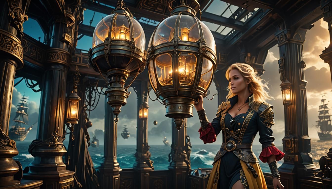 Futuristic Lantern Lights Blonde Woman's Spaceship: Digital ...