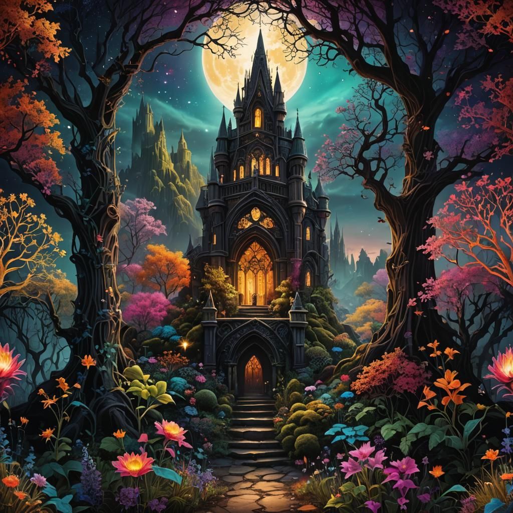 Colorful Mystical Realm Scene with Gothic Lace