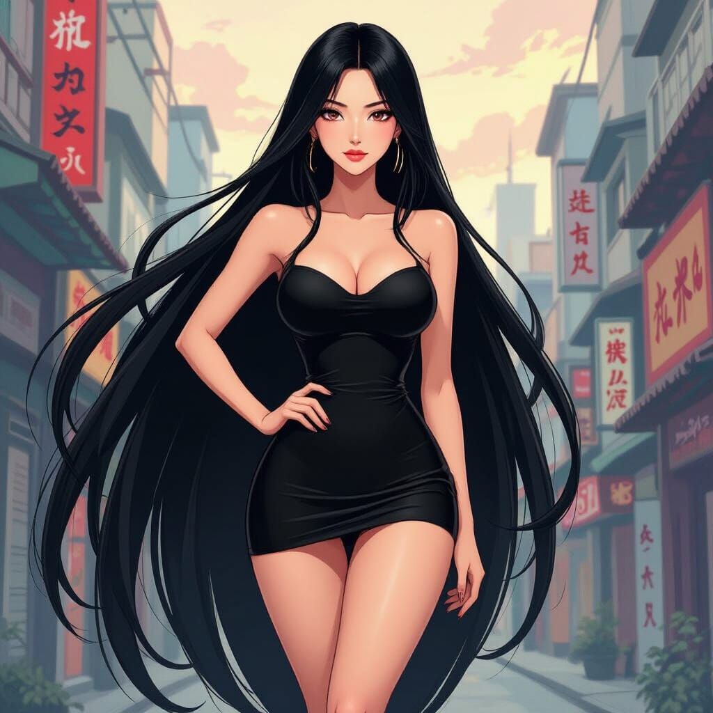 Anime-Style Woman in Short Black Dress