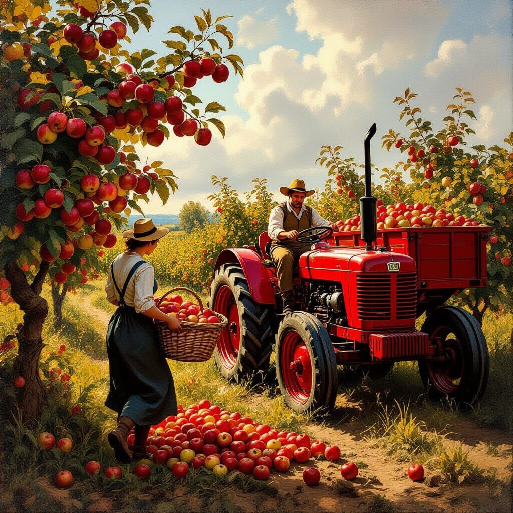 Baroque Orchard Harvest Scene with Peasants and Tractor