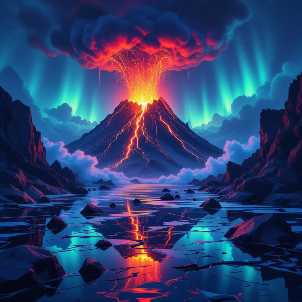 Surreal Abstract Volcano Erupts Over Shattered Glass Cliffs